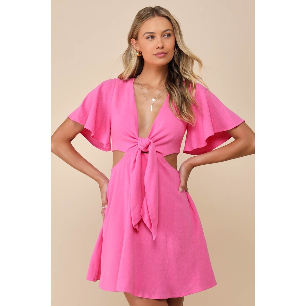 Lulus Hot Pink Tie-Front Cutout Flutter Sleeve Mini Dress Size S NWT Barbiecore